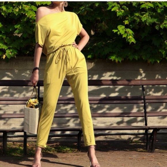 Super Comfy Capella Mustard Ladies Two-Way Shoulder Drawstring Jumpsuit - Picture 3 of 16